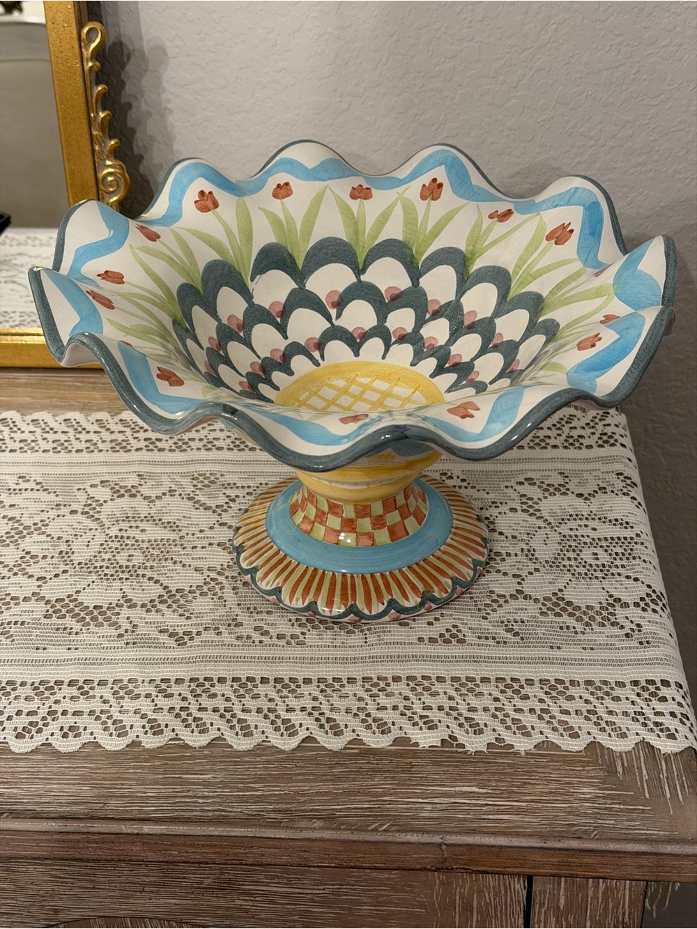 Vintage 1994 MacKenzie-Childs Aalsmeer Pedestal Compote Bowl Tulip Ruffled Rim